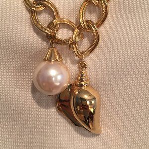 EUC Faux Pearl, Gold-Tone Heart & Textured Chain Pendant Necklace, 25" L